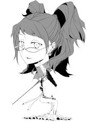 Rule 34 | 1girl, atlus, breasts, dress, dual persona, earrings, face, glasses, greyscale, hei jin, himiko (persona 4), jewelry, kujikawa rise, lips, long hair, looking at viewer, monochrome, persona, persona 4, satellite, sitting, solo, twintails