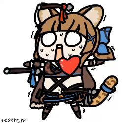 Rule 34 | 1girl, animal ears, animated, animated gif, heartbeat, javelin, lowres, missed shot, nervous, nervous sweating, open mouth, polearm, seseren, spear, sweat, tail, target practice, weapon