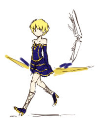 Rule 34 | 1girl, blonde hair, bob cut, bow (weapon), cross-laced footwear, dress, eirene (oniro), elbow gloves, flat chest, flat color, gloves, high heels, highres, magical girl, oniro, original, pas (paxiti), shoes, sketch, solo, strapless, strapless dress, weapon