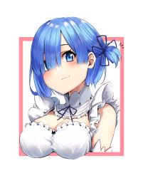 Rule 34 | 1girl, absurdres, alternate hairstyle, bare shoulders, black ribbon, blue eyes, blue hair, blush, breasts, cleavage, detached collar, flower knot, hair ornament, hair over one eye, highres, large breasts, looking at viewer, m.tokotsu, maid, neck ribbon, notice lines, outside border, re:zero kara hajimeru isekai seikatsu, rem (re:zero), ribbon, short hair, side ponytail, simple background, smile, solo, upper body, white background, x hair ornament