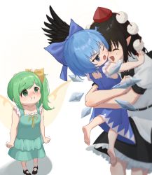 Rule 34 | 3girls, :i, absurdres, aqua dress, barefoot, bird wings, black footwear, black hair, black skirt, black wings, blue bow, blue dress, blue eyes, blue hair, blush, bow, cirno, closed mouth, collared shirt, daiyousei, detached wings, dress, esthoric, fairy, fairy wings, feathered wings, frilled skirt, frills, green eyes, green hair, hair between eyes, hair bow, hat, highres, ice, ice wings, jealous, long hair, multiple girls, open mouth, pointy ears, pom pom (clothes), red headwear, shameimaru aya, shirt, shoes, short hair, short sleeves, side ponytail, simple background, skirt, socks, tokin hat, touhou, white background, white shirt, white socks, wings