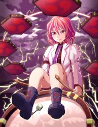 Rule 34 | 1girl, arm garter, black footwear, boots, closed mouth, cloud, cloudy sky, commentary request, cross-laced footwear, drum, drumsticks, hair between eyes, holding, holding stick, horikawa raiko, instrument, jacket, lace-up boots, lightning bolt symbol, long sleeves, looking at viewer, mitsudomoe (shape), necktie, nose, outdoors, plaid, plaid shirt, purple necktie, red eyes, red hair, red shirt, shirt, short hair, sitting, skirt, sky, smile, solo, stick, suit jacket, tomoe (symbol), torinosukei, touhou, white jacket, white skirt