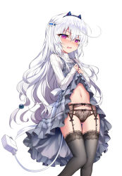 Rule 34 | 1girl, black panties, black thighhighs, blush, bow, bow panties, clothes lift, dress, dress lift, frilled dress, frills, garter belt, grey dress, hair between eyes, hair ornament, highres, indie virtual youtuber, lifted by self, long hair, long sleeves, looking at viewer, navel, nose blush, official art, padko, panties, panties over garter belt, parted lips, plaid, plaid dress, purple eyes, ribbed sweater, shiodome oji, simple background, sleeves past wrists, solo, sweater, tail, thighhighs, turtleneck, turtleneck sweater, underwear, very long hair, virtual youtuber, white background, white hair, white sweater