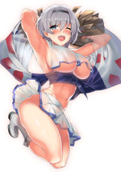 Rule 34 | 1girl, armpits, arms up, azur lane, black hairband, blue collar, blue eyes, blush, boots, breast curtains, breasts, cheerleader, collar, commentary request, eagle union (emblem) (azur lane), full body, grey hair, hairband, highres, holding, holding pom poms, kawai (purplrpouni), large breasts, looking at viewer, midriff, navel, no bra, no panties, one eye closed, open mouth, parted hair, pom pom (cheerleading), pom poms, reno (azur lane), reno (biggest little cheerleader) (azur lane), see-through, see-through skirt, shiny skin, short hair, skirt, smile, solo, twisted torso, two-tone skirt, underboob, white background, white footwear