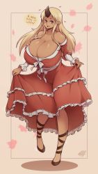 Rule 34 | 10s, 1girl, artist name, blonde hair, blush, breasts, brown footwear, bursting breasts, cleavage, clothes lift, dark-skinned female, dark skin, dress, dress lift, female focus, gigantic breasts, highres, horns, huge breasts, long hair, looking at viewer, monster girl, monster musume no iru nichijou, ogre, open mouth, pointy ears, red dress, red eyes, secretly saucy, signature, simple background, single horn, skindentation, smile, solo, tionishia