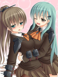 Rule 34 | 10s, 2girls, aqua eyes, aqua hair, arm support, arms around waist, ascot, asymmetrical docking, bed, blazer, blush, breast press, breasts, brown hair, female focus, hair ornament, hairclip, hanazome dotera, happy, hug, jacket, kantai collection, kneeling, kumano (kancolle), long hair, long sleeves, looking at viewer, looking away, multiple girls, one eye closed, open mouth, personification, pink background, ponytail, school uniform, serafuku, shoulder pads, shy, grey eyes, skirt, smile, sparkle, suzuya (kancolle), symmetrical docking, turret, uniform, wink, yuri