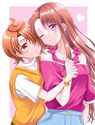 Rule 34 | 1boy, 1girl, age difference, asymmetrical bangs, blue shorts, bracelet, brown hair, casual, closed mouth, commentary request, hair over one eye, heart, hetero, hijiri ageha, hirogaru sky! precure, holding hands, jewelry, long hair, looking at another, looking back, off-shoulder shirt, off shoulder, okayashi, one eye closed, onee-shota, orange hair, parted lips, partial commentary, pink shirt, precure, purple eyes, red eyes, shirt, shirt straps, short hair, short sleeves, shorts, sweater vest, v-neck, white shirt, yellow sweater vest, yuunagi tsubasa