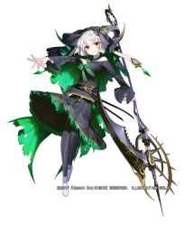 Rule 34 | black skirt, copyright name, holding, holding scythe, holding weapon, long sleeves, looking at viewer, official art, parted bangs, red eyes, saskia, scythe, skirt, solo, sukja, valkyrie connect, weapon, white background, white footwear, white hair