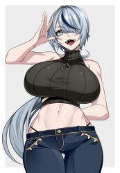 Rule 34 | arm behind back, bare shoulders, blue hair, border, breasts, commission, contrapposto, grey eyes, hair over one eye, hakudou nike, highleg, highleg panties, highres, huge breasts, hz (666v), indie virtual youtuber, jewelry, large breasts, midriff, multicolored hair, navel, necklace, nike (company), open mouth, panties, pants, ponytail, ribbed sweater, second-party source, shark tooth, sharp teeth, skeb commission, sleeveless, sleeveless sweater, smile, streaked hair, sweater, teeth, thigh gap, turtleneck, turtleneck sweater, underwear, virtual youtuber, waving, white border