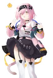 Rule 34 | !, 1girl, absurdres, animal ears, arknights, belt, black choker, black hairband, black jacket, black skirt, black wristband, blue jacket, braid, cat ears, cat girl, cat tail, choker, clothes lift, feet out of frame, garter straps, goldenglow (arknights), hair between eyes, hairband, hands up, highres, id card, infection monitor (arknights), jacket, kkk dami, lightning bolt print, long hair, looking at viewer, multicolored clothes, multicolored jacket, off shoulder, open clothes, open jacket, parted lips, pink belt, pink hair, pink jacket, shirt, simple background, skirt, skirt lift, solo, spoken exclamation mark, tail, thighhighs, white background, white shirt, white thighhighs, wind, wind lift, yellow eyes