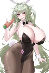 Rule 34 | 1girl, animal ears, black bow, black bowtie, black leotard, black pantyhose, blush, bow, bowtie, breasts, carrot, cleavage, commentary, covered navel, detached collar, fake animal ears, food, goddess of victory: nikke, green hair, green nails, hair ornament, hand up, highleg, highleg leotard, highres, holding, holding food, huge breasts, kuavera, leotard, long hair, looking at viewer, mole, mole on breast, nail polish, official alternate costume, open mouth, pantyhose, playboy bunny, purple eyes, rabbit ears, rabbit tail, simple background, skindentation, smile, soda (nikke), soda (twinkling bunny) (nikke), solo, strapless, strapless leotard, symbol-only commentary, tail, teeth, tongue, tongue out, traditional bowtie, upper teeth only, very long hair, white background, wrist cuffs