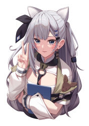 Rule 34 | absurdres, asymmetrical hair, braid, braided bangs, breasts, cleavage, cleavage cutout, closed mouth, clothing cutout, cone hair bun, double bun, drawn whiskers, earrings, erezu, facial mark, grey eyes, grey hair, hair bun, hand up, highres, hololive, hololive indonesia, jewelry, light smile, long hair, long sleeves, looking at viewer, medium breasts, simple background, tsurime, upper body, vestia zeta, virtual youtuber, whisker markings, white background