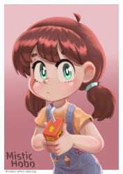 Rule 34 | 1girl, absurdres, aqua eyes, artist name, blue overalls, brown hair, child, closed mouth, drinking straw, highres, holding carton, juice box, looking at viewer, medium hair, mistic hobo, original, overalls, shirt, short sleeves, solo, thick eyebrows, twintails, upper body, yellow shirt