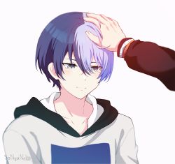 Rule 34 | 1boy, 1other, aoyagi touya, artist name, black hair, blue hair, blush, closed mouth, collarbone, commentary, crossed bangs, english commentary, grey eyes, hair between eyes, hand on another&#039;s head, headpat, highres, hood, hood down, hoodie, mole, mole under eye, multicolored hair, print hoodie, project sekai, shirt, short hair, sidelocks, smile, solo focus, sonyaneko, split-color hair, two-tone hair, upper body, white background, white hoodie, white shirt