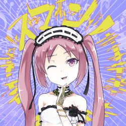 Rule 34 | 1girl, a-kiraa (whisper), bare shoulders, black ribbon, choker, commentary request, dress, fate/grand order, fate (series), floral background, hairband, halo, jewelry, lolita hairband, long hair, looking at viewer, open mouth, purple eyes, purple hair, ribbon, solo, stheno (fate), strapless, strapless dress, twintails, upper body, white dress