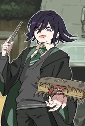 Rule 34 | 1boy, :d, black hair, black pants, book, collared shirt, cowboy shot, danganronpa (series), danganronpa v3: killing harmony, flipped hair, harry potter (series), highres, hogwarts school uniform, holding, holding book, holding wand, indoors, medium hair, oma kokichi, open mouth, outline, pants, pink eyes, sanmian (chidarakeno), school uniform, shirt, slytherin, smile, solo, teeth, wand, white outline, wide sleeves, wizarding world