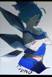 Rule 34 | 1girl, absurdres, ahoge, blue bow, blue hair, blue skirt, blue vest, blush, bow, character name, cirno, crossed arms, from side, grey background, hair bow, highres, ice, ice wings, letterboxed, niwarhythm, open mouth, profile, shirt, short hair, sideways mouth, skirt, solo, touhou, vest, white shirt, wings
