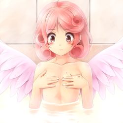 Rule 34 | 1girl, bad id, bad pixiv id, bath, duel monster, flat chest, injection fairy lily, komimiyako, nude, pink eyes, pink hair, short hair, solo, steam, sweatdrop, water, wings, yu-gi-oh!, yu-gi-oh! duel monsters