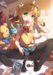 Rule 34 | 1girl, ahoge, artist name, bag, bed sheet, bedroom, black pantyhose, blonde hair, blouse, blue skirt, blurry, blush, bow, breasts, cellphone, closed mouth, condom, condom in mouth, condom wrapper, crotch seam, dango remi, day, depth of field, disembodied hand, flower, frilled pillow, frills, green eyes, hair flower, hair ornament, hand on thigh, hand up, hitachi magic wand, holding, holding phone, indoors, long hair, looking at viewer, medium breasts, mouth hold, on bed, original, out of frame, panties, panties under pantyhose, pantyhose, phone, pillow, plaid, plaid skirt, pleated skirt, pov, red bow, school uniform, sex toy, shade, shirt, short sleeves, signature, sitting, skirt, smartphone, smile, soles, solo focus, spread legs, stuffed animal, stuffed cat, stuffed toy, sweater vest, taking picture, teddy bear, thick eyebrows, thighband pantyhose, twintails, underskirt, underwear, vibrator, w, white flower, white panties, white shirt