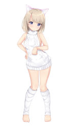 Rule 34 | 1girl, :t, animal ear fluff, animal ears, aran sweater, bare arms, bare shoulders, blue eyes, blush, brown hair, cable knit, cat ears, closed mouth, commentary request, fake animal ears, full body, hairband, hand on own hip, highres, leg warmers, looking at viewer, maccha, meme attire, original, pink hairband, pouch, simple background, sleeveless, sleeveless sweater, sleeveless turtleneck, solo, standing, sweater, turtleneck, turtleneck sweater, v-shaped eyebrows, virgin killer sweater, wavy mouth, white background, white legwear, white sweater