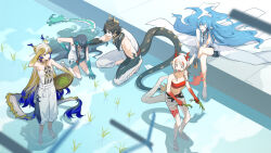 &gt;_&lt; 1boy 4girls arknights arm_up back_pain bandeau bare_arms bare_shoulders barefoot belt black_belt black_hair black_shorts blonde_hair blue_eyes blue_hair braid breasts brother_and_sister chinese_commentary chong_yue_(arknights) cleavage closed_eyes coat colored_extremities commentary_request crop_top crossed_legs day dragon_girl dragon_horns dragon_tail dress dusk_(arknights) family flame-tipped_tail grey_eyes grey_hair hand_on_another&#039;s_shoulder head_rest highres holding holding_plant horns jewelry kneeling liang_chan_xing_make_tu ling_(arknights) long_hair multicolored_hair multiple_girls navel necklace nian_(arknights) no_jacket one_eye_closed open_mouth outdoors pants pink_eyes plant pointy_ears profile red_bandeau red_hair rice_(plant) rice_paddy rice_planting ripples shirt short_dress shorts shu_(arknights) siblings sisters sitting sleeveless sleeveless_dress sleeveless_shirt standing strapless streaked_hair sunlight tail tube_top very_long_hair water white_belt white_coat white_dress white_hair white_pants white_shirt white_shorts white_tube_top working