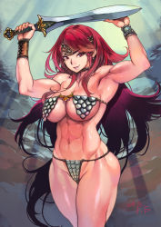 Rule 34 | 1girl, abs, armor, armpits, arms up, bad id, bad pixiv id, bikini, bikini armor, breasts, circlet, cleavage, commentary request, dated, f.s., gladius, highres, large breasts, legs together, lips, long hair, looking at viewer, muscular, muscular female, navel, parted lips, red hair, red sonja, red sonja (comics), revealing clothes, shiny skin, skindentation, smile, solo, standing, swimsuit, sword, underboob, vambraces, warrior, weapon