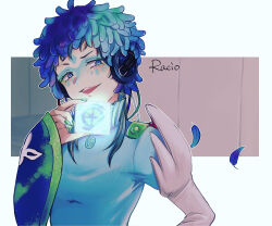 Rule 34 | 1other, androgynous, blue eyes, blue hair, cappuccino1, character name, facepaint, facial mark, feathers, forehead mark, gnosia, green hair, headphones, highres, long hair, long sleeves, looking at viewer, makeup, multicolored hair, other focus, raqio, solo, streaked hair, tattoo, upper body