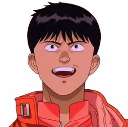 Rule 34 | 1980s (style), 1boy, akira (manga), black hair, grin, jacket, kaneda shoutarou (akira), looking up, lowres, male focus, oldschool, open mouth, red jacket, retro artstyle, screencap, short hair, simple background, smile, solo, template, third-party edit, white background