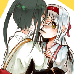 Rule 34 | 10s, 2girls, blush, comic, food, green hair, itomugi-kun, japanese clothes, kantai collection, long hair, looking at another, multiple girls, personification, pocky, pocky kiss, shared food, shoukaku (kancolle), silver hair, smile, twintails, white background, yuri, zuikaku (kancolle)
