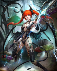 Rule 34 | 1girl, black legwear, blue eyes, dragon&#039;s shadow, full body, garter straps, holding, holding weapon, kei1115, looking at viewer, mushroom, polearm, red hair, solo, standing, tail, underwear, weapon