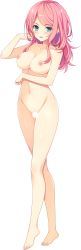 Rule 34 | 1girl, absurdres, adjusting hair, aqua eyes, barefoot, blank censor, blush, breasts, censored, collarbone, completely nude, full body, fuyuichi monme, highres, large breasts, long hair, looking at viewer, navel, nipples, nude, official art, open mouth, parted bangs, pink hair, pussy, ren&#039;ai karichaimashita, solo, tooyama aki, transparent background