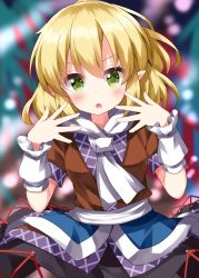 Rule 34 | 1girl, :o, arm warmers, black skirt, blonde hair, blurry, blurry background, blush, breasts, brown shirt, danmaku, depth of field, fingernails, green eyes, green nails, hands up, highres, looking at viewer, mizuhashi parsee, nail polish, open mouth, pointy ears, ruu (tksymkw), scarf, shirt, short hair, short sleeves, skirt, solo, touhou, white scarf