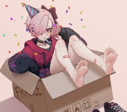 Rule 34 | 1girl, absurdres, arm rest, bandaid, bandaid on leg, barefoot, black choker, black hoodie, blush, bow, box, cardboard box, choker, collarbone, commentary, confetti, dutch angle, ear piercing, ear spike, english commentary, english text, eyelashes, feet, feet up, foreshortening, hair bow, hair ornament, hair over one eye, hand up, hat, highres, hood, hoodie, in box, in container, k-rha&#039;s, knees up, legs, medium hair, mouth hold, nail polish, o-ring, o-ring choker, original, parted bangs, party hat, party horn, piercing, pink hair, red eyes, red hoodie, ringed eyes, shiny skin, shoes, unworn shoes, side ponytail, sidelocks, sitting, sleeves past wrists, sneakers, socks, soles, solo, sweatdrop, tan background, thighs, toenail polish, toenails, toes, violett (k-rha), x hair ornament