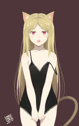 Rule 34 | 1girl, 2018, :o, animal ears, bare arms, bare shoulders, blonde hair, blush, cat ears, cat tail, collarbone, cowboy shot, dated, flat chest, honda naoki, legs apart, long hair, looking at viewer, open mouth, original, parted bangs, pink eyes, solo, standing, straight hair, strap slip, tail, v arms, very long hair