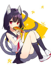 Rule 34 | 1girl, absurdres, animal ears, black hair, black skirt, black socks, cat ears, cat girl, cat tail, food, full body, highres, holding, holding food, hot dog, kneehighs, lettuce, looking at viewer, looking to the side, multiple tails, omucchan (omutyuan), original, pleated skirt, red eyes, school uniform, serafuku, shirt, shoes, simple background, sitting, skirt, sleeveless, sleeveless shirt, socks, solo, star (symbol), tail, two-tone background, two tails, uwabaki, white background, white footwear, white shirt, yellow background