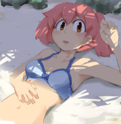 Rule 34 | 1girl, :o, arm up, armpits, bad id, bad pixiv id, beach, bikini, blue bikini, blush, bow, bow bikini, breasts, day, hand on own stomach, hinata natsumi, keroro gunsou, looking at viewer, lying, navel, obomugera, on back, on ground, open mouth, orange eyes, outdoors, pink hair, red eyes, red hair, shade, short hair, short twintails, sketch, small breasts, solo, swimsuit, twintails, upper body