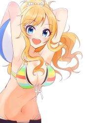 Rule 34 | 10s, 1girl, armpits, arms up, bad id, bad twitter id, ball, bare shoulders, beachball, bikini, bikini top only, blonde hair, breasts, cleavage, colored stripes, cowboy shot, eyebrows, ganmodoki (kizm), hair ornament, hair scrunchie, highres, holding, holding ball, idolmaster, idolmaster cinderella girls, idolmaster cinderella girls starlight stage, long hair, looking at viewer, medium breasts, navel, o-ring, o-ring top, ohtsuki yui, ponytail, round teeth, scrunchie, simple background, solo, stomach, striped bikini, striped clothes, swimsuit, tareme, teeth, wavy hair, white background