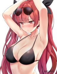 Rule 34 | 1girl, armpits, arms up, artist name, azur lane, bare arms, bare shoulders, bikini, black bikini, black ribbon, blush, breasts, cleavage, closed mouth, collarbone, covered erect nipples, eyewear on head, frown, hair ribbon, halterneck, highres, honolulu (azur lane), honolulu (summer accident?!) (azur lane), kaetzchen, large breasts, long hair, red eyes, red hair, ribbon, simple background, solo, sunglasses, sunglasses on head, sweat, swimsuit, twintails, upper body, white background