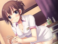 Rule 34 | 1girl, breasts, brown hair, cleavage, closed mouth, collarbone, collared shirt, covered erect nipples, curtains, dutch angle, hand grab, highres, indoors, looking at viewer, medium breasts, name tag, non-web source, original, purple eyes, shirt, short sleeves, sidelocks, smile, soap bottle, thighs, towel, utsurogi akira, white shirt