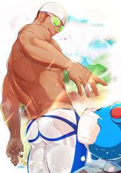 Rule 34 | 1boy, ass, back, bara, blue male swimwear, commentary, cowboy shot, creatures (company), crow (siranui), dutch angle, eighth note, english commentary, game freak, gen 2 pokemon, goggles, highres, legskin, looking at another, male focus, male swimwear, marill, multicolored clothes, multicolored male swimwear, multicolored swimsuit, muscular, muscular male, musical note, nintendo, open mouth, orange hair, pokemon, pokemon (creature), pokemon masters ex, sideburns, smile, swim cap, swimmer (pokemon), swimsuit, tan, towel, wading, wet, white male swimwear