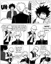 Rule 34 | 3boys, bakugou katsuki, bakuverde, bald, boku no hero academia, closed eyes, closed mouth, collared shirt, comic, commentary, english commentary, english text, freckles, glasses, greyscale, highres, long sleeves, looking at another, male focus, menu, midoriya izuku, monochrome, multiple boys, open mouth, pants, restaurant, shirt, short hair, speech bubble, spiked hair, standing, waiter