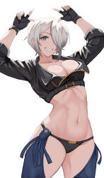 Rule 34 | 1girl, angel (kof), backless pants, blue eyes, bra, breasts, chaps, cleavage, commentary request, crop top, cropped jacket, fingerless gloves, gloves, hair over one eye, highres, horns pose, index fingers raised, jacket, large breasts, leather, leather jacket, looking at viewer, midriff, navel, panties, pants, rizzy, short hair, smile, snk, solo, strapless, strapless bra, teeth, the king of fighters, the king of fighters xiv, toned, underwear, white hair