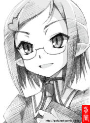 Rule 34 | 1girl, female focus, glasses, gofu, greyscale, hair ornament, hairclip, heart, judit snorrevik, lotte no omocha!, monochrome, pointy ears, short hair, sketch, smile, solo, spot color, traditional media, white background