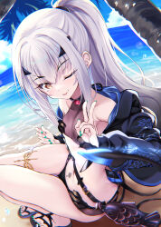Rule 34 | 1girl, beach, belt, bikini, black bikini, black jacket, blue sky, bottle, breasts, commentary request, cropped jacket, fate/grand order, fate (series), forked eyebrows, high ponytail, highres, hitsujibane shinobu, jacket, long hair, long sleeves, looking at viewer, melusine (fate), melusine (swimsuit ruler) (fate), melusine (swimsuit ruler) (first ascension) (fate), navel, one eye closed, outdoors, palm tree, petite, pubic tattoo, sandals, shore, shrug (clothing), sidelocks, sky, small breasts, smile, solo, swimsuit, tail, tattoo, thighlet, thighs, tongue, tongue out, tree, v, variant set, white hair, yellow eyes