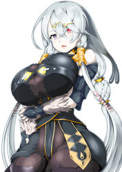 Rule 34 | 1girl, arms under breasts, atelier (series), atelier ryza, atelier ryza 1, bare shoulders, bodysuit, breast hold, breast lift, breasts, crossed arms, from below, grey hair, heterochromia, highres, huge breasts, lila decyrus, long hair, looking down, open mouth, purple eyes, red eyes, sang youmu, skin tight, solo, thick thighs, thighs, white background