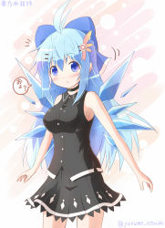 Rule 34 | 1girl, aged up, alternate costume, alternate hair length, alternate hairstyle, antenna hair, armpits, black neckwear, blue eyes, blue hair, bow, choker, cirno, hair bow, hair ornament, hair ribbon, hairclip, highres, ice, ice wings, long hair, looking at viewer, parted lips, ribbon, solo, touhou, translated, twitter username, wings, yurume atsushi