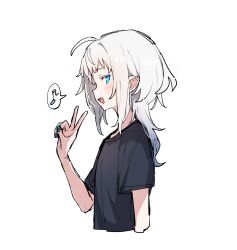 Rule 34 | 1girl, :d, ahoge, arm at side, azuma shino, black shirt, blue eyes, blue nails, bright pupils, commentary request, cropped torso, eighth note, fang, from side, grey hair, hair down, hand up, highres, light blush, long hair, looking at viewer, musical note, nowareno (azuma shino), open mouth, original, pointy ears, profile, shirt, short sleeves, sideways glance, sideways mouth, simple background, sketch, skin fang, slit pupils, smile, solo, spoken musical note, t-shirt, upper body, v, white background, white pupils