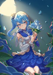 Rule 34 | 1girl, absurdres, blue eyes, blue flower, blue hair, blue rose, blue skirt, bracelet, detached sleeves, flower, frilled skirt, frills, gawuiiiaguiii, hair ornament, highres, hololive, hoshimachi suisei, jewelry, long hair, long sleeves, looking at viewer, petals, rose, shirt, side ponytail, sitting, skirt, smile, solo, star (symbol), star in eye, symbol in eye, virtual youtuber, white shirt, white sleeves