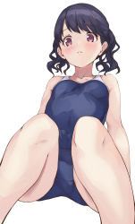 Rule 34 | 1girl, black hair, black one-piece swimsuit, commentary request, fukumaru koito, highres, idolmaster, idolmaster shiny colors, knees up, kuroba aki, looking at viewer, looking down, one-piece swimsuit, purple eyes, school swimsuit, simple background, sitting, solo, swept bangs, swimsuit, twintails, white background