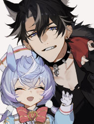 1boy 1girl :d animal_ears black_collar black_gloves black_hair black_nails black_shirt blue_eyes blue_hair blue_shirt claw_pose closed_mouth collar collarbone crossed_bangs ear_piercing earrings fingerless_gloves fur-trimmed_jacket fur_trim genshin_impact gloves grey_hair hair_between_eyes hair_flaps hair_ornament hat highres jacket jewelry kichi_owo long_sleeves low_twintails multicolored_hair nail_polish nurse_cap open_mouth piercing pom_pom_(clothes) pom_pom_hair_ornament red_jacket shirt sigewinne_(genshin_impact) simple_background smile spiked_collar spikes streaked_hair stud_earrings twintails white_background white_gloves white_hat wriothesley_(genshin_impact)